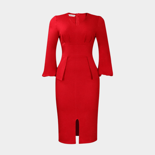 Tailored Midi Dress with Puff Sleeves and V Neck