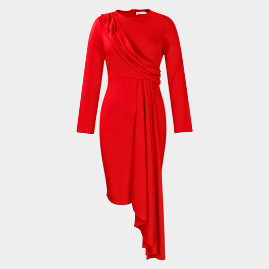 Bold Tailored Midi Dress with Fluid Draped Front