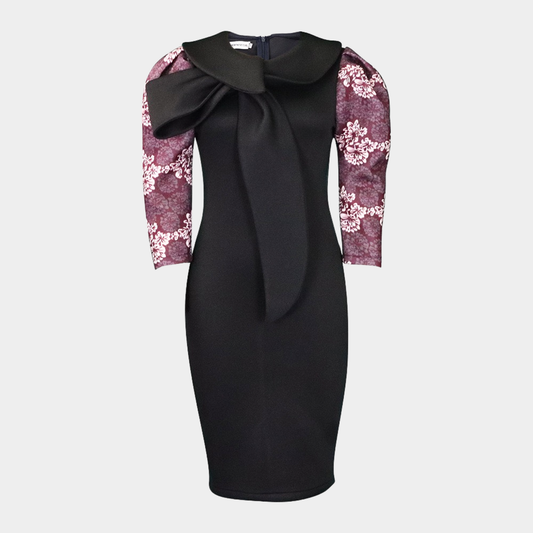 Structured Midi Dress with Front Bow Detail and Patterned Puff Sleeves