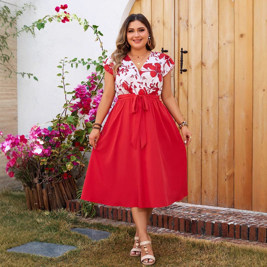 Plus Size Red Floral V Neck Midi Dress