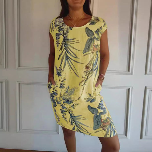 Relaxed Fit Tropical Print Short Sleeve Midi Dress